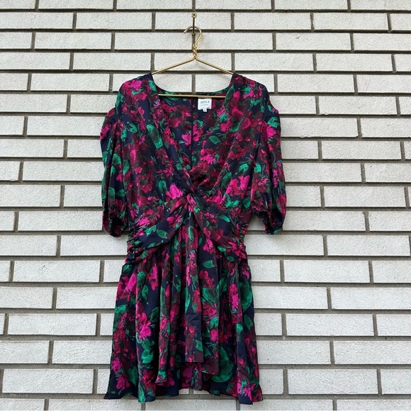 MISA Los Angeles Narcissa Floral Satin Mini Dress V-Neck Black Pink Party - Picture 5 of 16